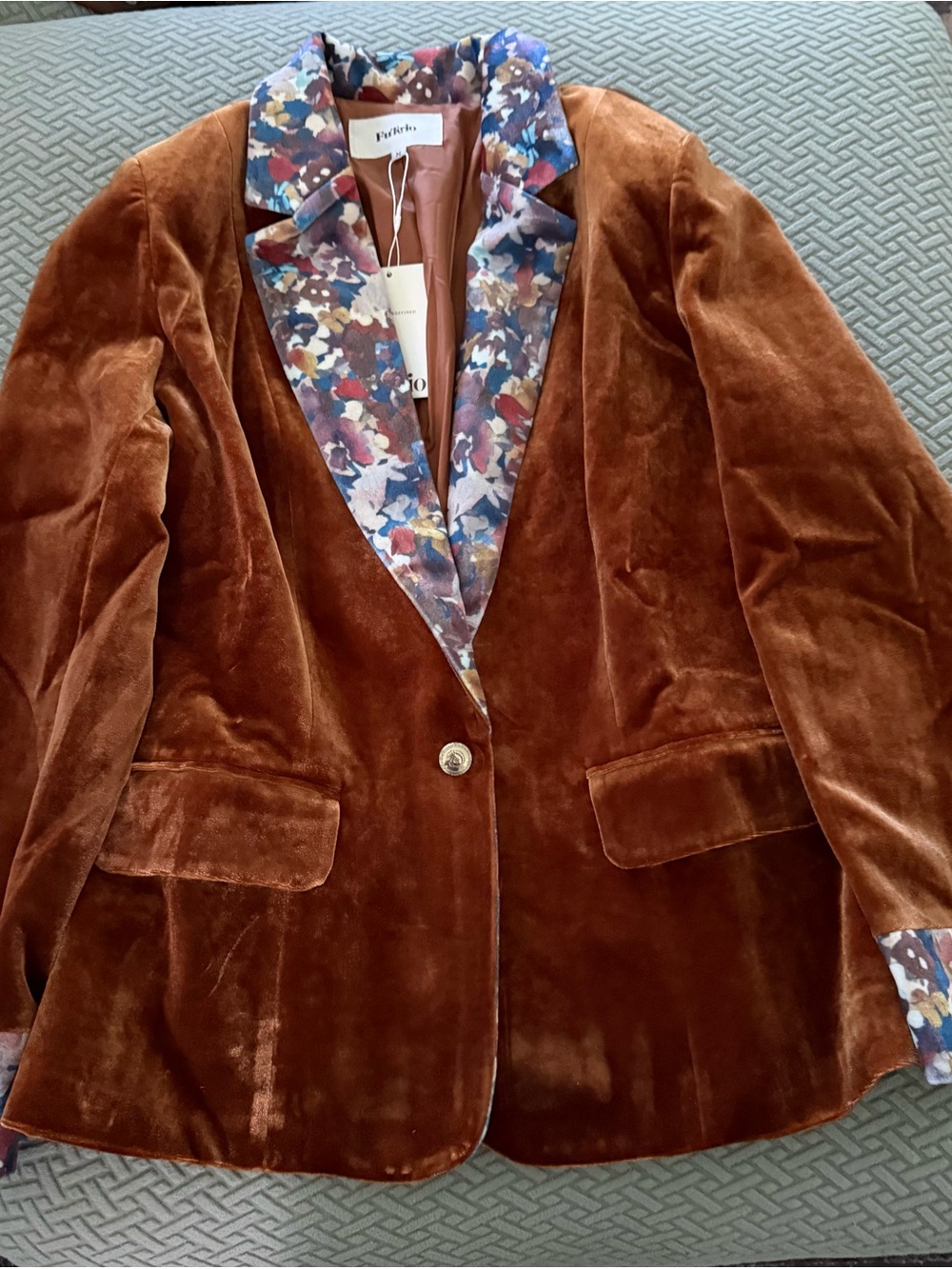 Rust Velvet Single-Button Blazer with Floral Trim